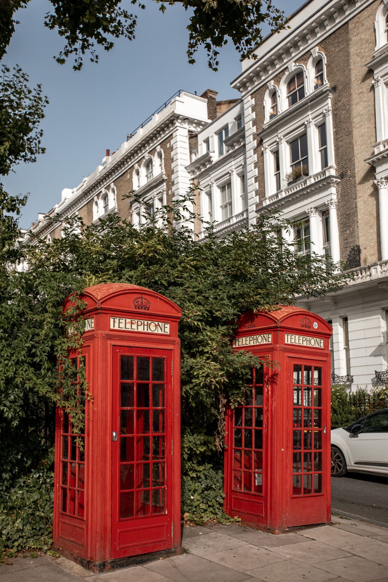 Two red London phone booths on a street in Primrose Hill