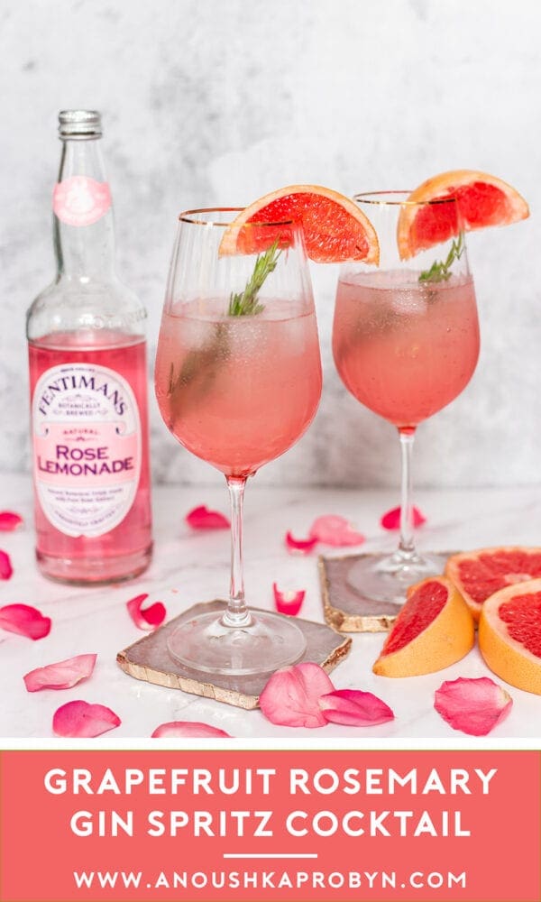 Grapefruit Rosemary Gin Spritz topped with Prosecco and Rose Lemonade