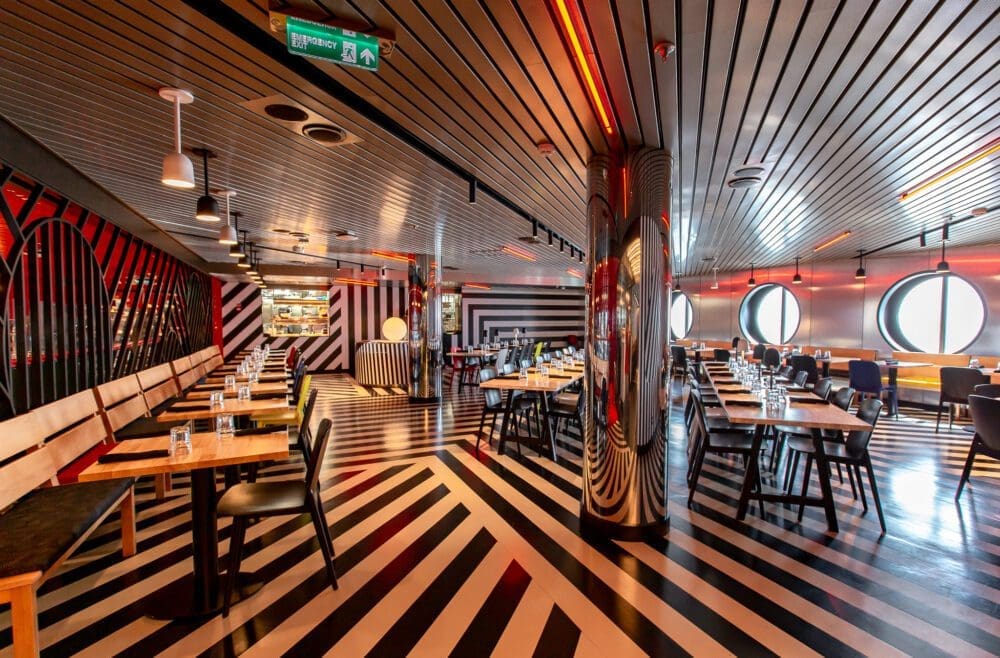 Virgin Voyages Scarlet Lady Cruise Review Dining Restaurants Vegetarian Razzle Dazzle Decor