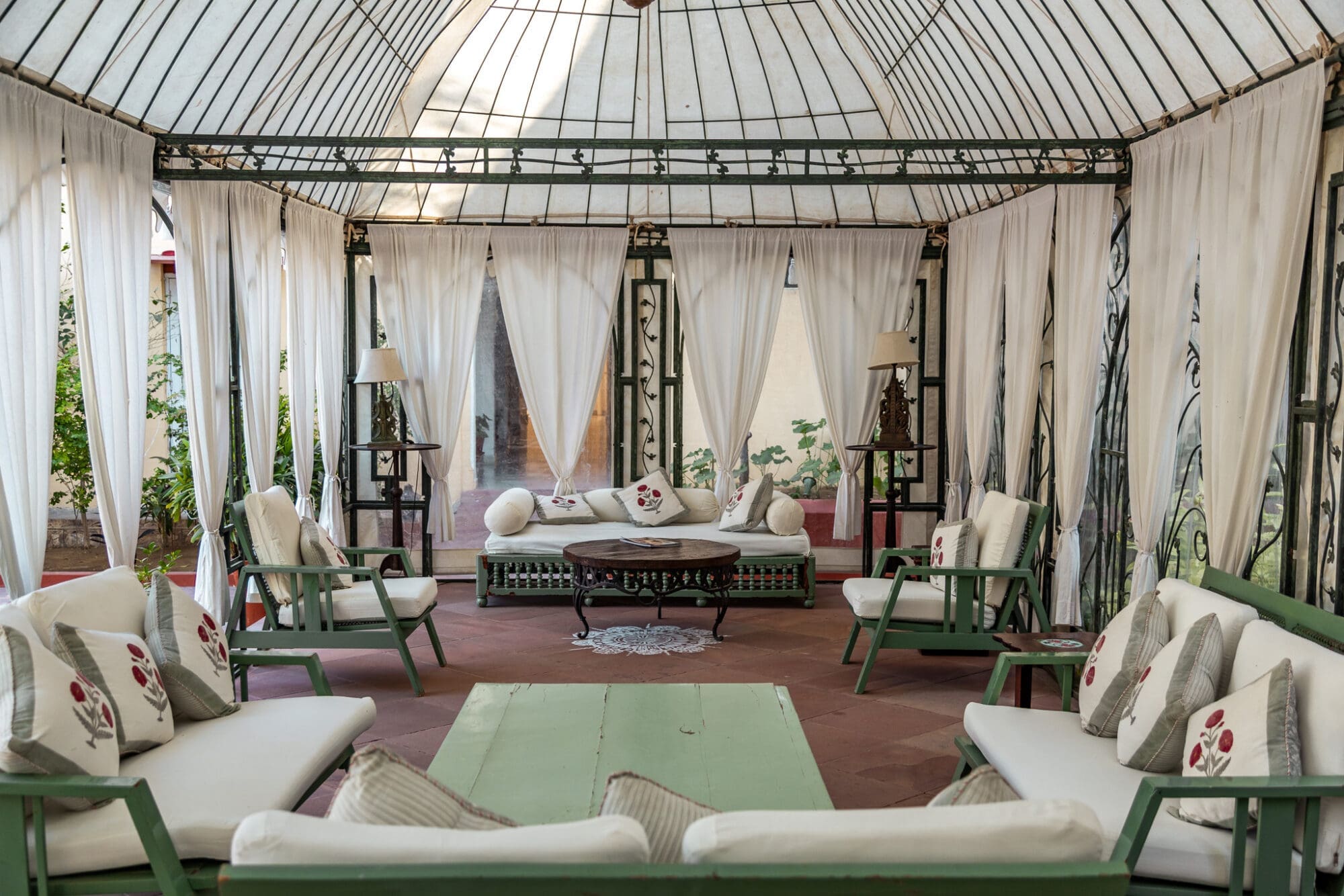 Outdoor covered lounge area at Rohet Garh Luxury Hotel Rajasthan