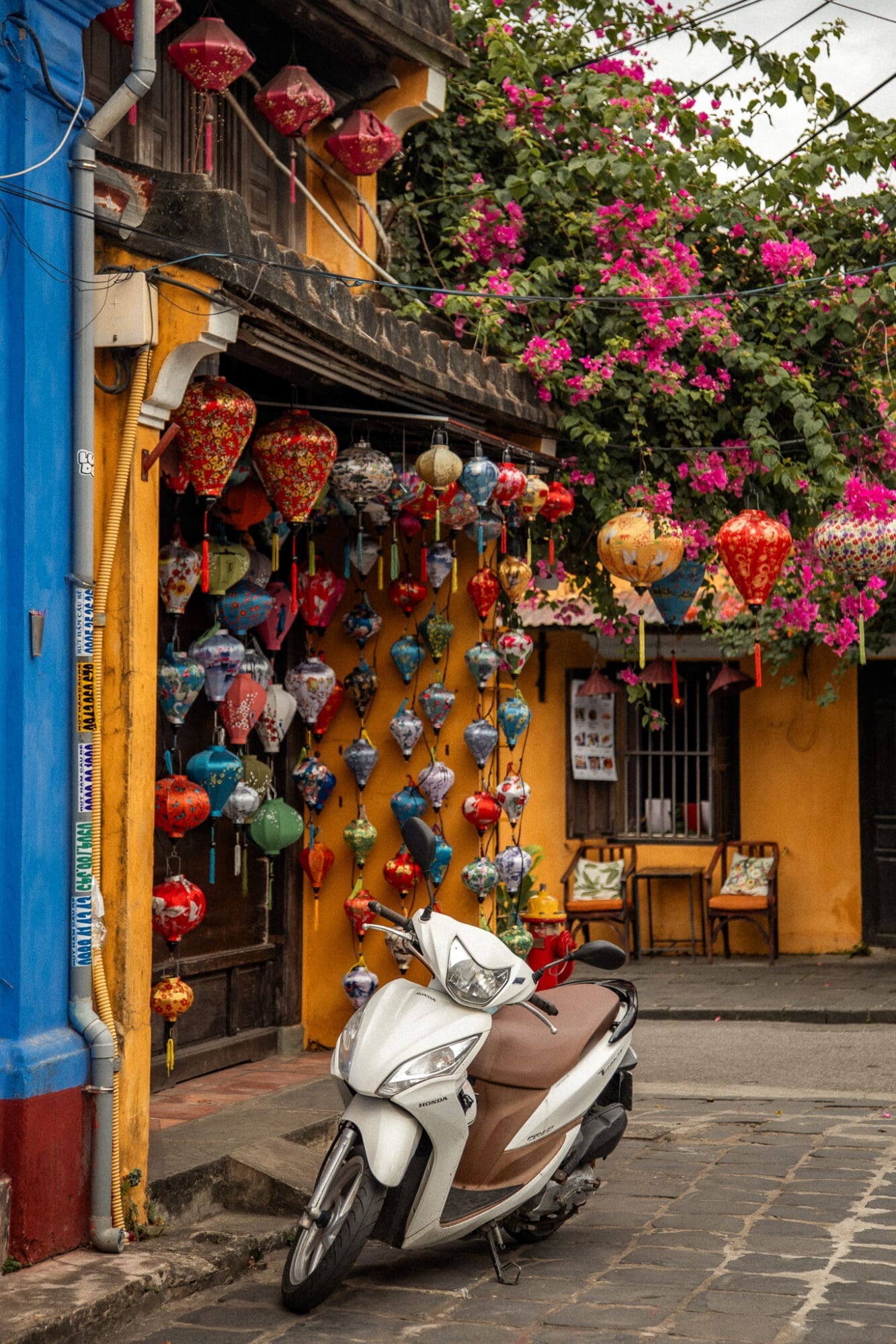 Hoi An Lanterns Old Town Street and Moped Scooter Vietnam
