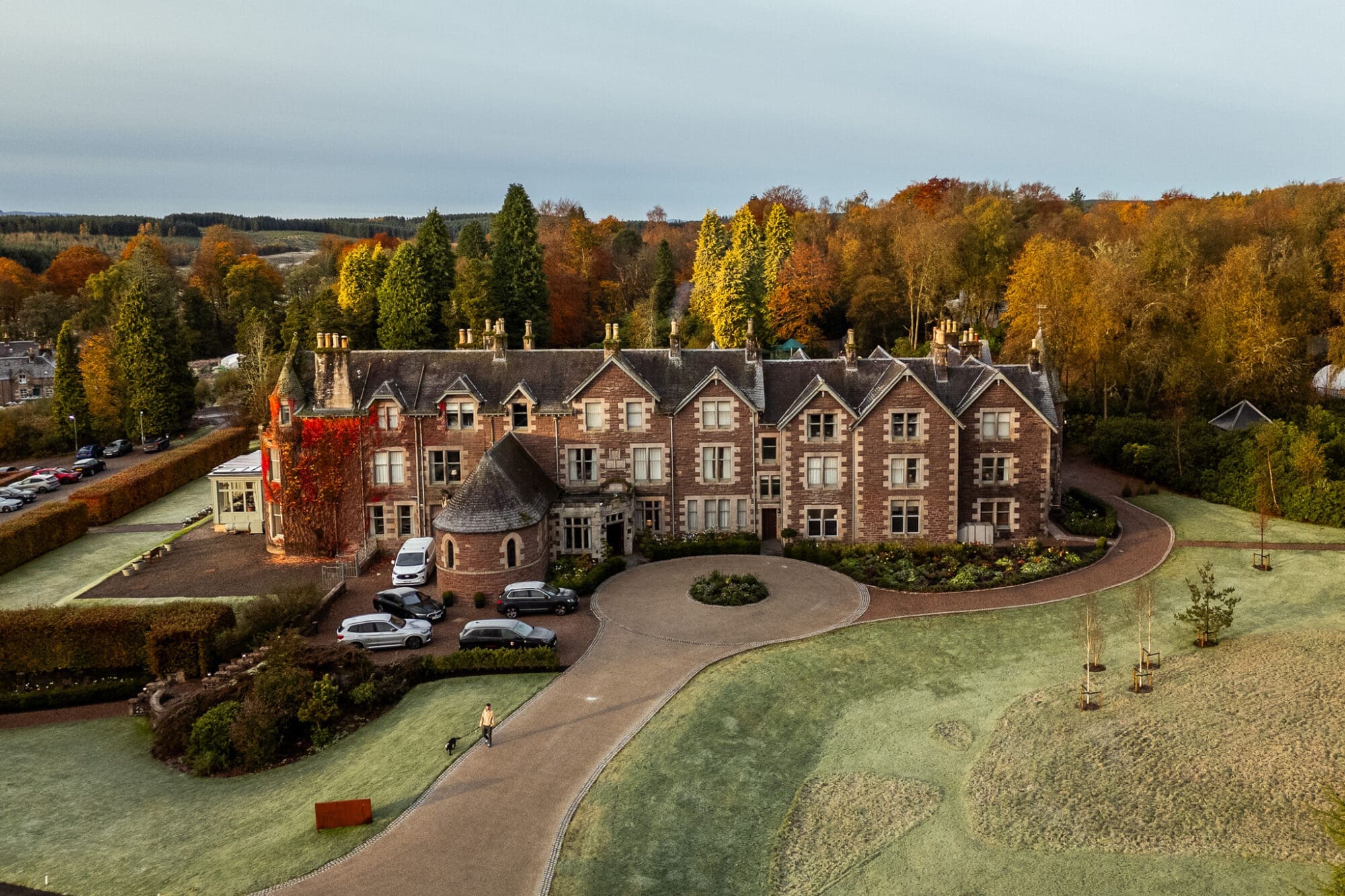 Drone Photo Cromlix Hotel Review Grounds in Autumn Scotland Luxury Hotels