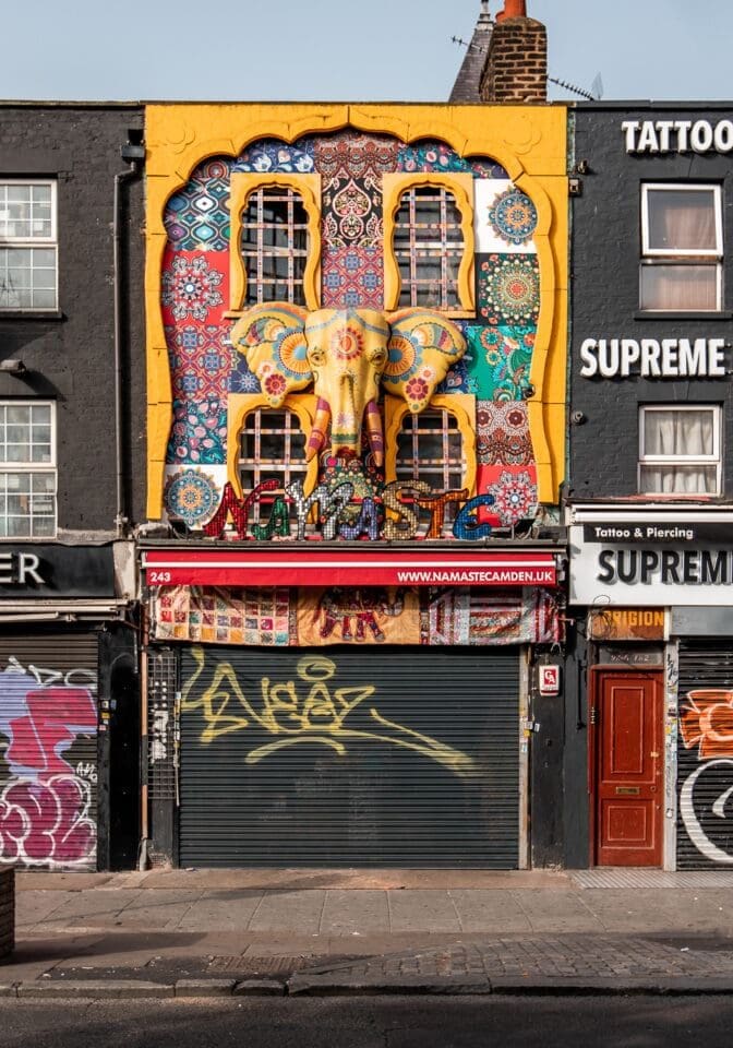 The colourful, graffiti covered shopfronts of Camden High Street